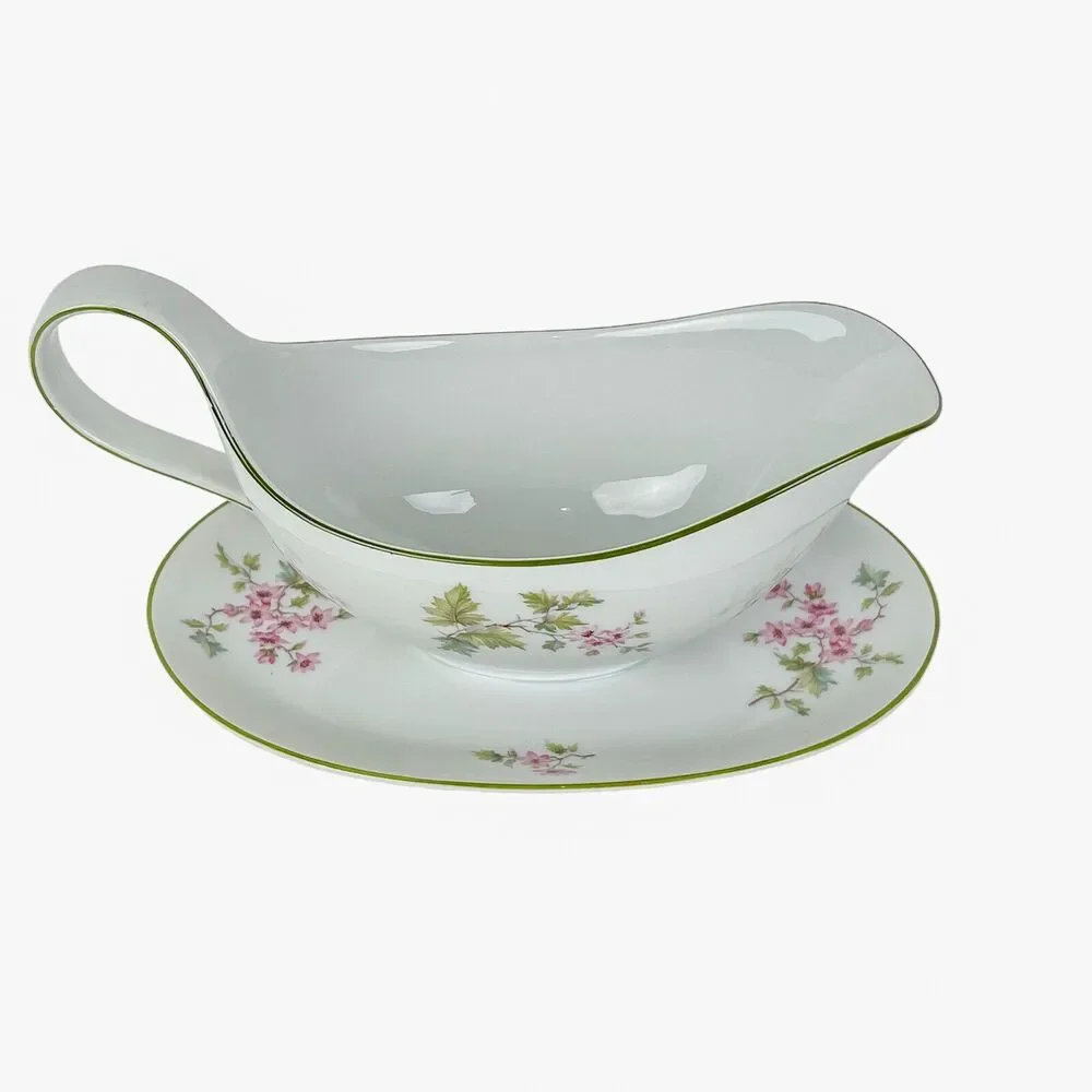 Gravy Boat Hutschenreuther Selb Bavaria Attached Underplate Handle Pink Flowers
